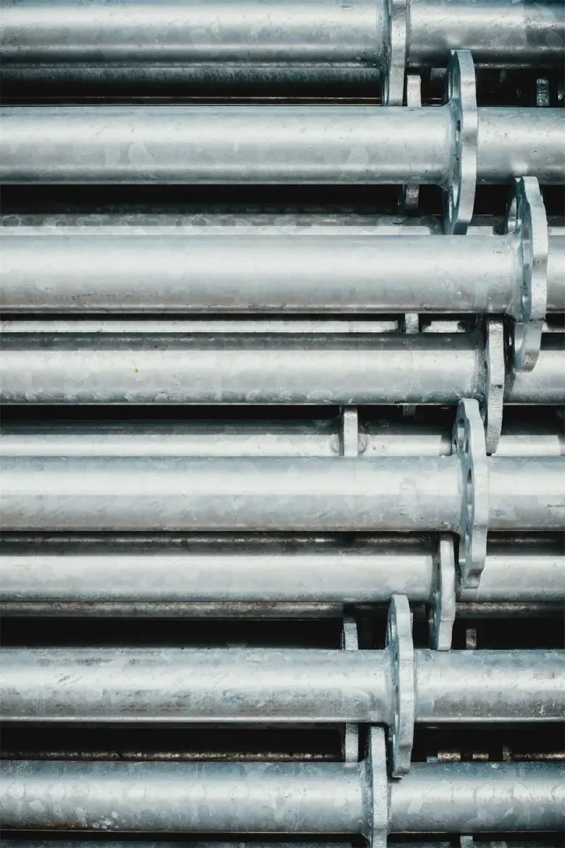Stored steel piping staged for industrial logistics