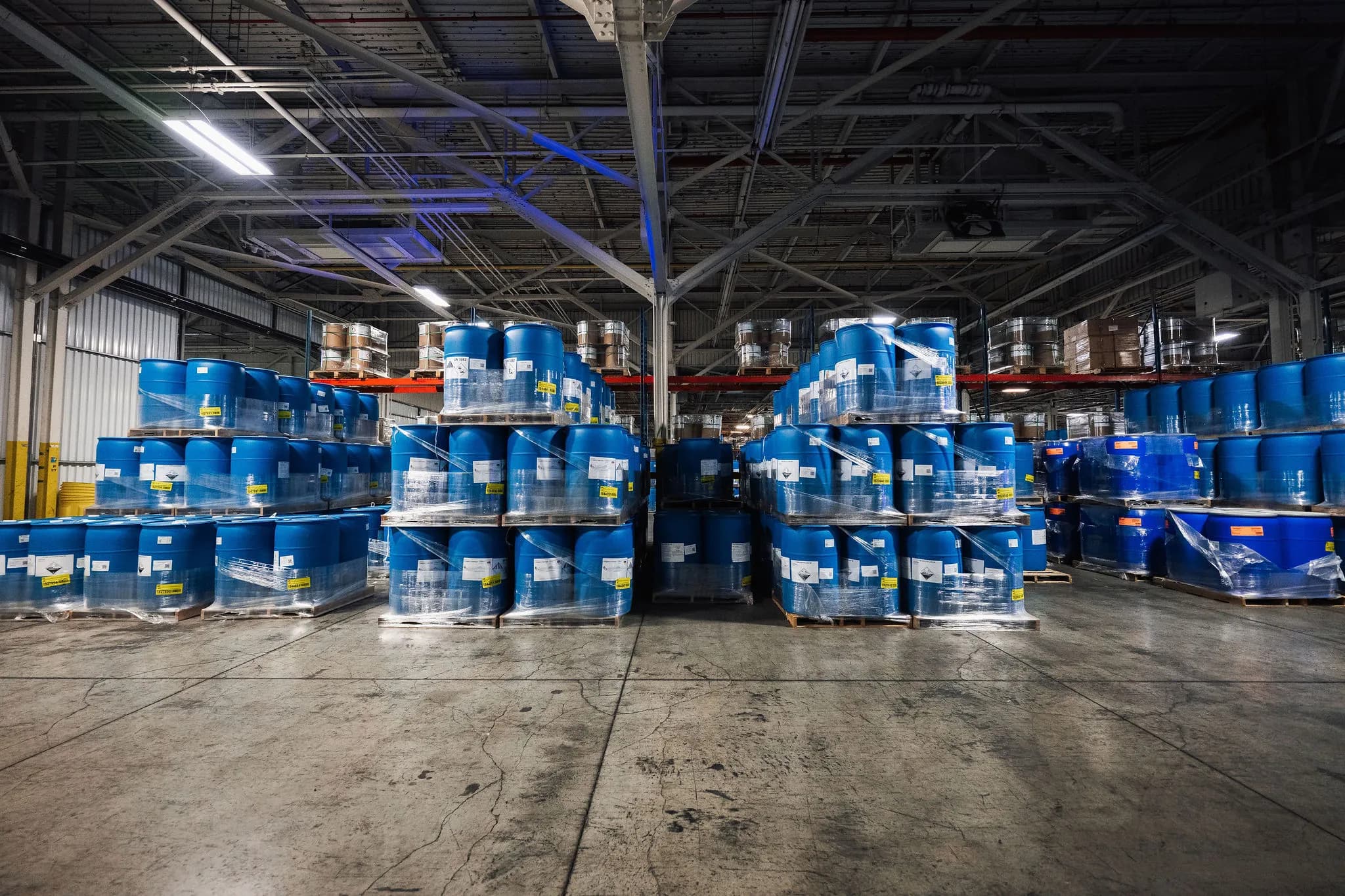 Blue chemical drums stored at Commonwealth Fairfield warehouse