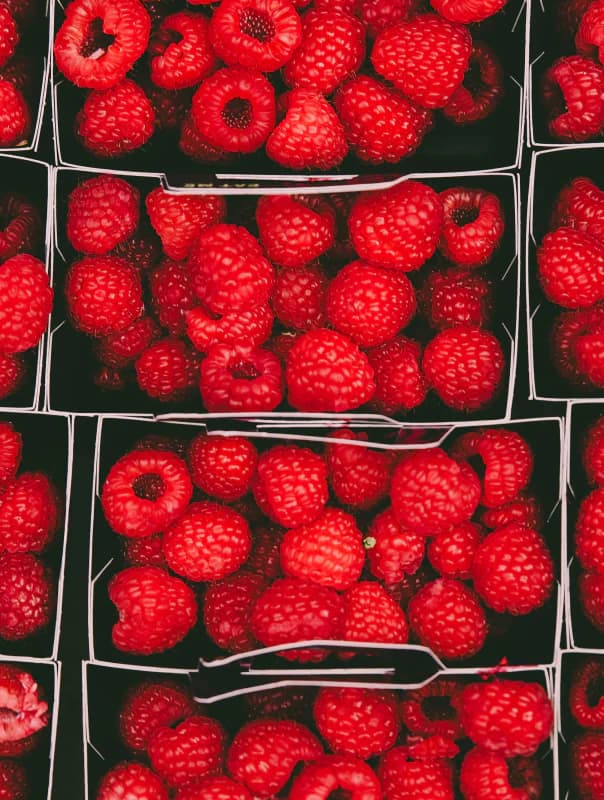 Above-view of strawberries in boxes